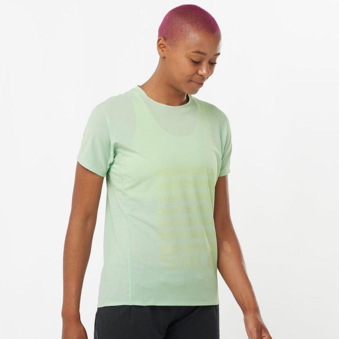 Salomon Women's Sense Aero Short Sleeve T-Shirt GFX - Cam2
