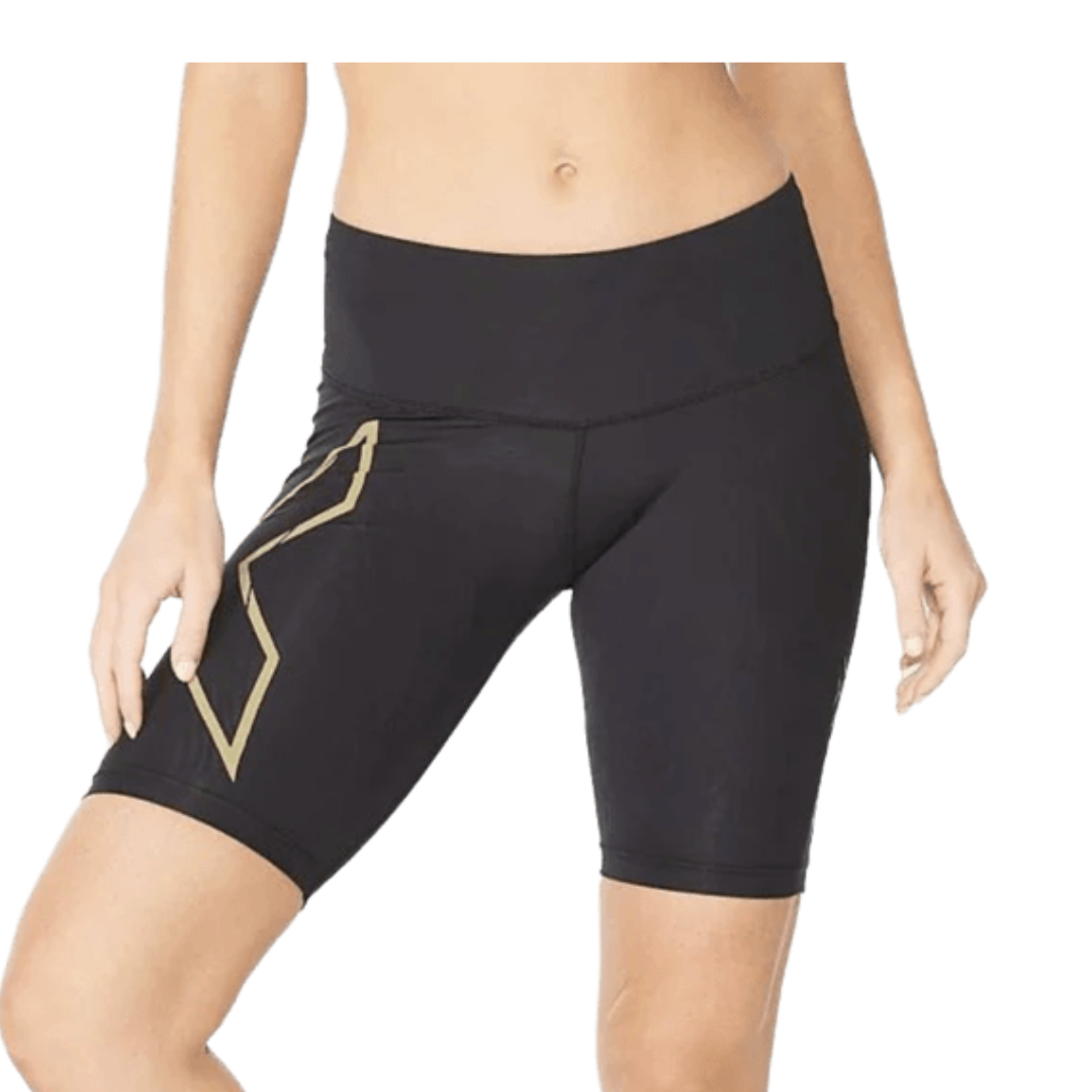 2XU Women's Light Speed Mid-Rise Compression Shorts (Black/ Gold Reflective)