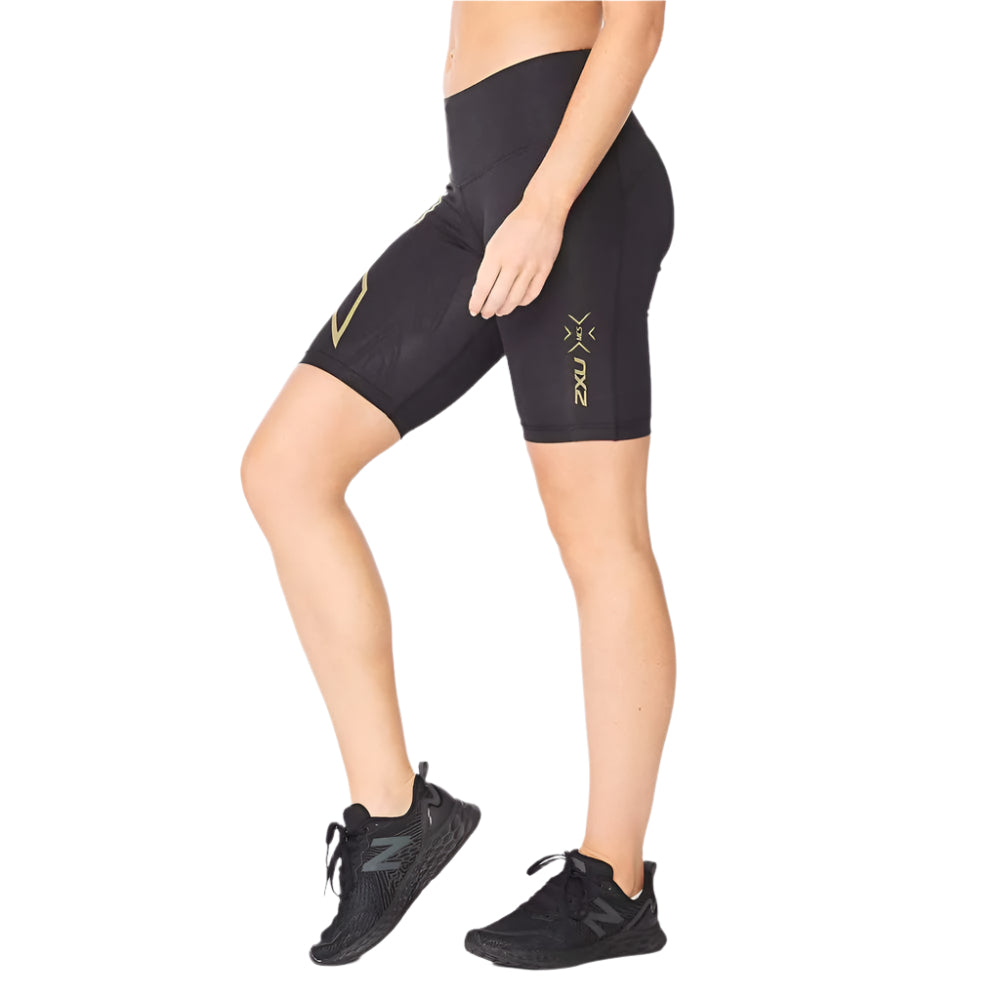 2XU Women s Light Speed Mid Rise Compression Shorts Black Gold Reflective 2XU Cam2